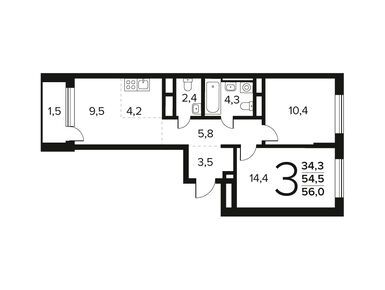 3-комнатная 56.00 кв.м, Район «Новые Ватутинки», 10 655 000 руб.