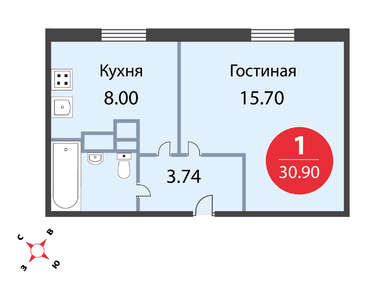 1-комнатная 30.90 кв.м, ЖК «Одинцовские кварталы»  , 6 668 000 руб.