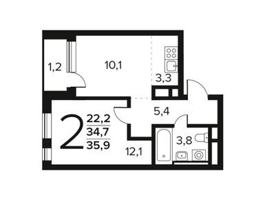 2-комнатная 35.90 кв.м, Район «Новые Ватутинки», 8 426 000 руб.