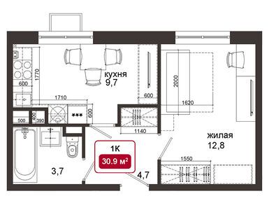 1-комнатная 30.90 кв.м, ЖК «Одинцовские кварталы», 7 158 000 руб.